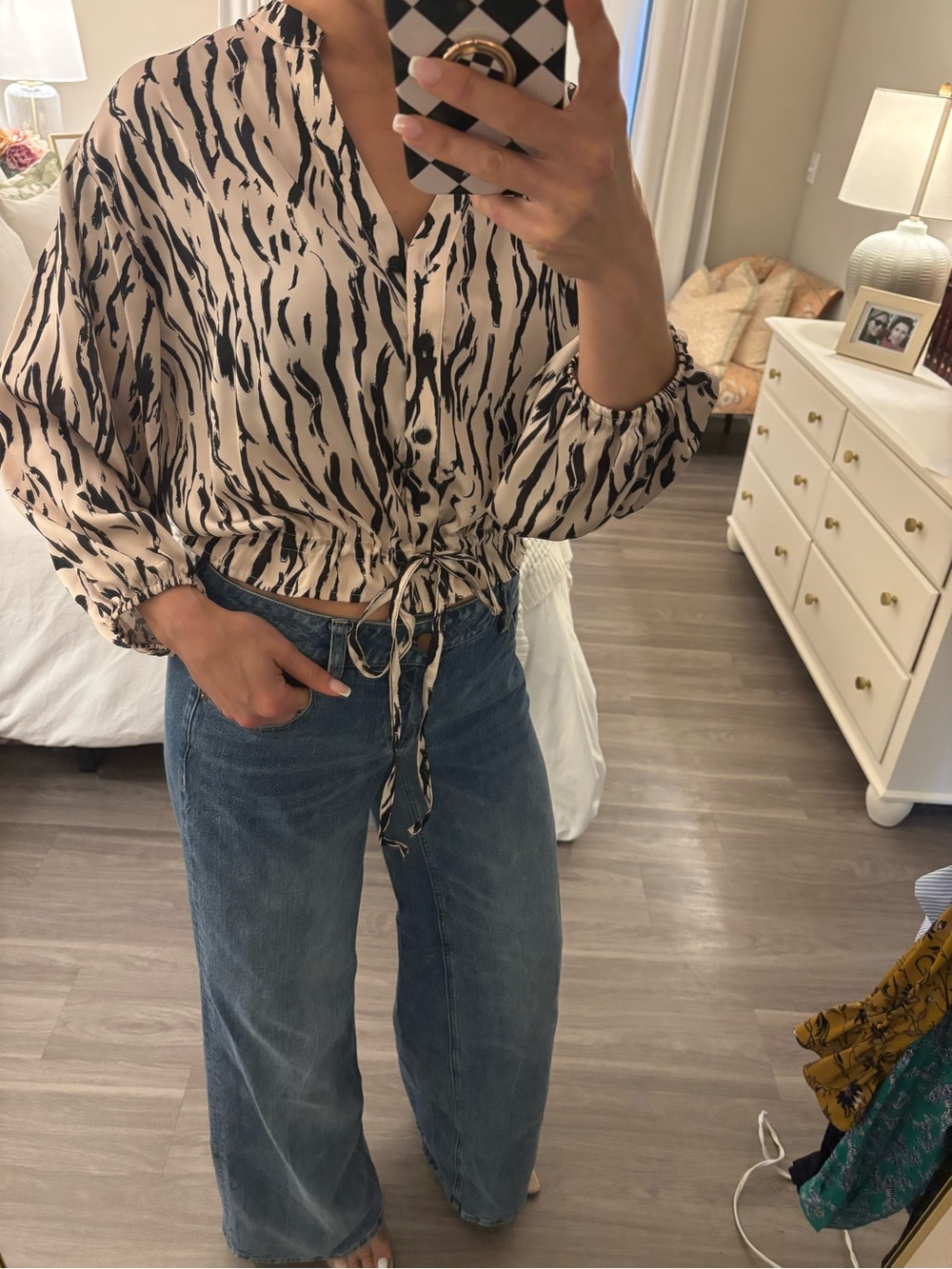 🐆🖤 DREW Ivory & Black Tiger Print Tie-Front Blouse